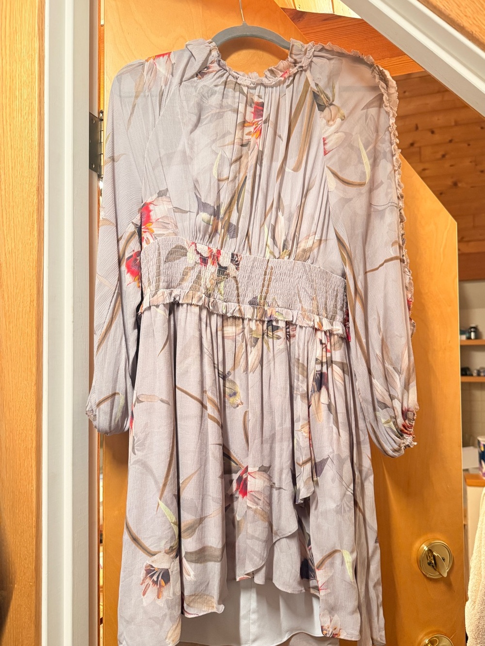 AllSaints Floral Midi Dress in Light Gray with Pink and Green Accents
